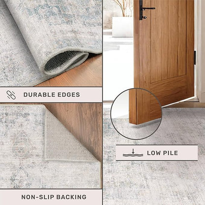 Washable Abstract Modern Area Rug 9x12 for Living Room, Bedroom, Dining Room, Home Office, Low Pile Non Slip Ultra Soft Stain Resistant, Distressed Medallion Decor, Light Blue