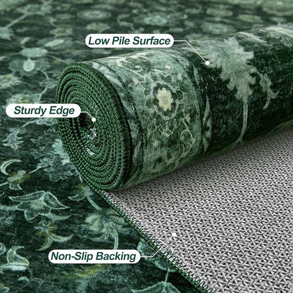 Tangsoo Green 2x6 Runner Rug Non Slip Washable for Kitchen Bathroom, Vintage Floral Boho Rug Runner for Hallway Entryway, Low Pile Carpet Door Mat Indoor Entrance for Bedroom Laundry Pet&Kids Friendly