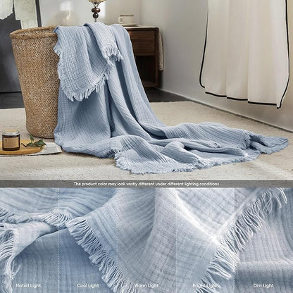 FOSSA Muslin Blanket with Fringe - 4-Layer 100% Cotton Gauze Super Soft & Breathable Throw -Lightweight Decorative Cooling Blanket for Bed, Sofa, Office (Cornflower Blue, King (104" × 90"))