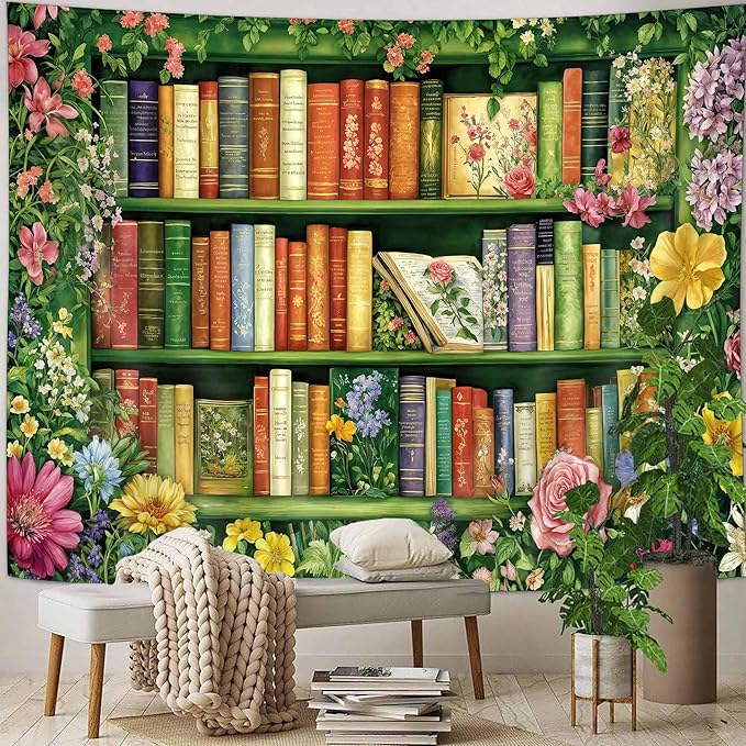 DYNH Wildflowers Bookshelf Tapestry,Book on Bookshelf and Colorful Plants Tapestries,Vintage Art Wall Hanging Decor for Study Room Bedroom Living Room College Dorm,60X50Inches