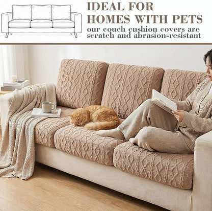 3 Pcs Jacquard Couch Cushion Covers for Sofa Stretch Plush Soft Seat Cover Washable Sofa Slip Covers with Elastic Bottom Modern Boho Furniture Protector for Sectional Slipcovers(Tan)