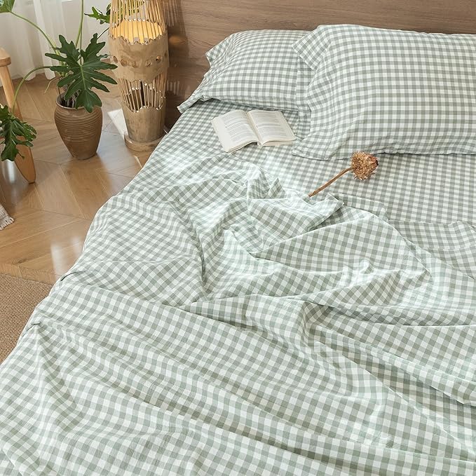 MooMee Gingham Sheet Set 100% Washed Cotton Linen Like Textured Breathable Soft w/ Fully Elasticized 16-19" Deep Pocket (Classic Gingham Sage Green, King)