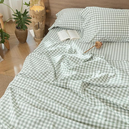 MooMee Gingham Sheet Set 100% Washed Cotton Linen Like Textured Breathable Soft w/ Fully Elasticized 16-19" Deep Pocket (Classic Gingham Sage Green, King)