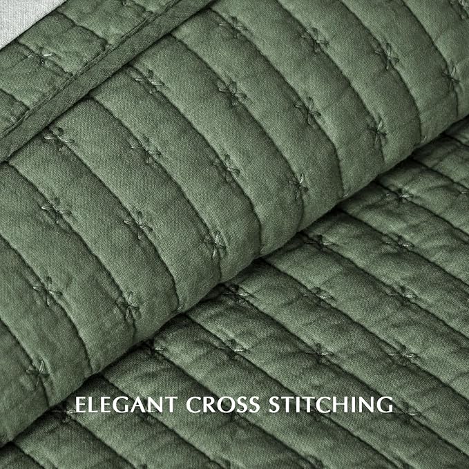 EVERGRACE Cross Stitch Pre-Washed Cotton Quilt Bedding Set Queen Size, Oversized 3 Pieces Lightweight Bedspread Coverlet for All Season, with 2 Matching Shams, Olive Green, 92"x96"