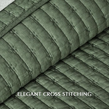 EVERGRACE Cross Stitch Pre-Washed Cotton Quilt Bedding Set Queen Size, Oversized 3 Pieces Lightweight Bedspread Coverlet for All Season, with 2 Matching Shams, Olive Green, 92"x96"