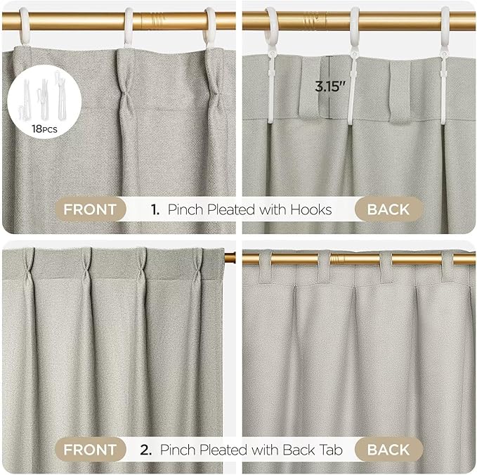 Joydeco Greyish White Pinch Pleated Thick Linen Curtains 84 Inch Long 2 Panel Set for Living Room, Double-Faced Curtain for Bedroom, Back Tab Blackout Drapes with Adjustable Hooks (40”W x84”L)