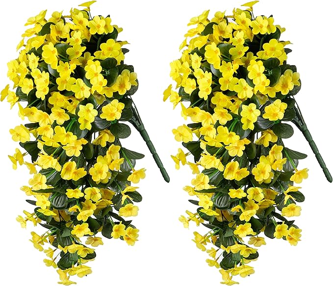 Artificial Faux Hanging Plants Flowers for Outdoor Winter Christmas Decor, 2 PCS Fake Silk Yellow Daisy Long Vines Orchid UV Resistant Realistic Mums for Outside Home Porch Patio Balcony Planter