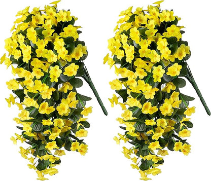 Artificial Faux Hanging Plants Flowers for Outdoor Winter Christmas Decor, 2 PCS Fake Silk Yellow Daisy Long Vines Orchid UV Resistant Realistic Mums for Outside Home Porch Patio Balcony Planter