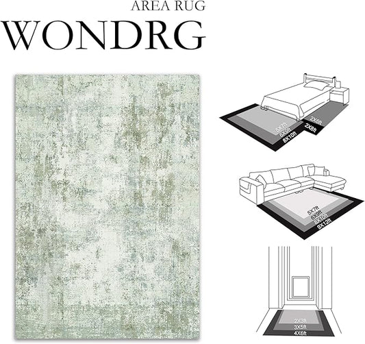 10x14 Washable Area Rug Sage Green Abstract Living Room Bedroom Carpet Neutral Modern Non-Slip Soft Low Pile Lightweight Vacuumable Large Throw Rug for Dining Room