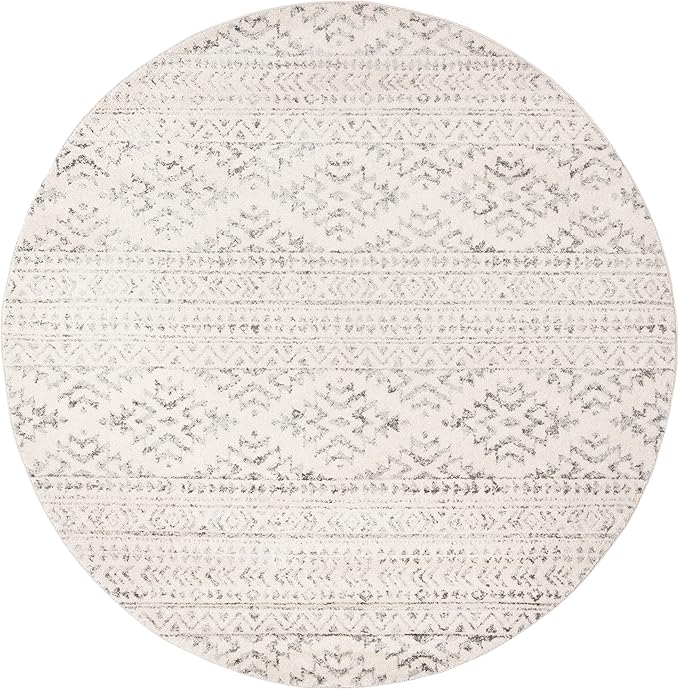 SAFAVIEH Tulum Collection Area Rug - 8' Round, Ivory & Grey, Moroccan Boho Tribal Design, Non-Shedding & Easy to Clean, Ideal for Living Room, Bedroom, Dining Space (TUL272A)