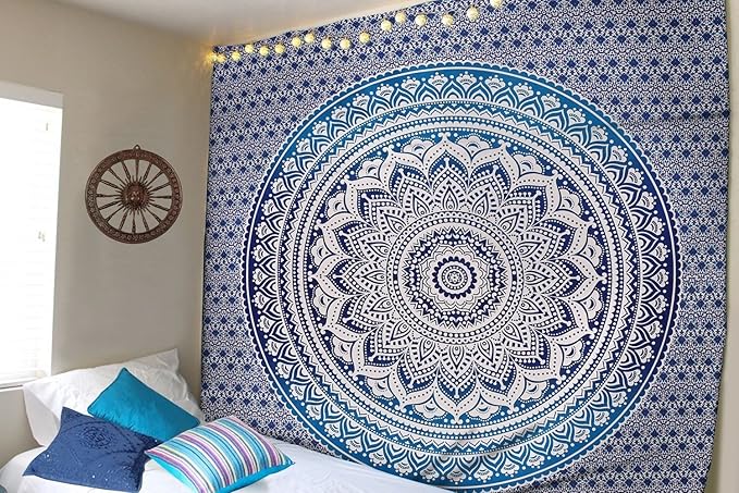 raajsee Large Blue Ombre Mandala Tapestry Wall Hanging,Indian Cotton Beach Throw Blanket Hippie Bohemian Elephant Queen Boho Décor,Meditation Yoga Mat Rugs,82x92 inches