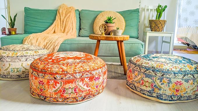 Moroccan Floor Pillow Cover Blue Round Floor Cushion Boho Room Décor Moroccan Seating Area Perfect Pouf Ottoman for Living Room, Bedroom, Nursary or Children Room Cotton 24x8 Unstuffed