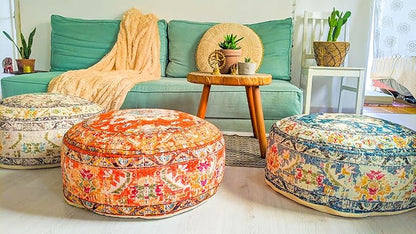 Moroccan Floor Pillow Cover Blue Round Floor Cushion Boho Room Décor Moroccan Seating Area Perfect Pouf Ottoman for Living Room, Bedroom, Nursary or Children Room Cotton 24x8 Unstuffed