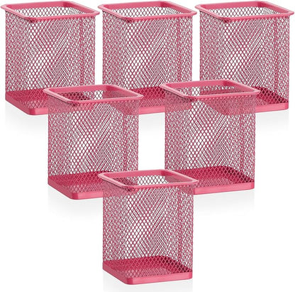 Segarty Pen Cup, 6 Pack Square Dark Pink Pen Holder for Desk, Multifuntional Mesh Pencil Cups Containers for Marker, Office Supplies, School Students, Home, Desktop Accessories Storage Organizer