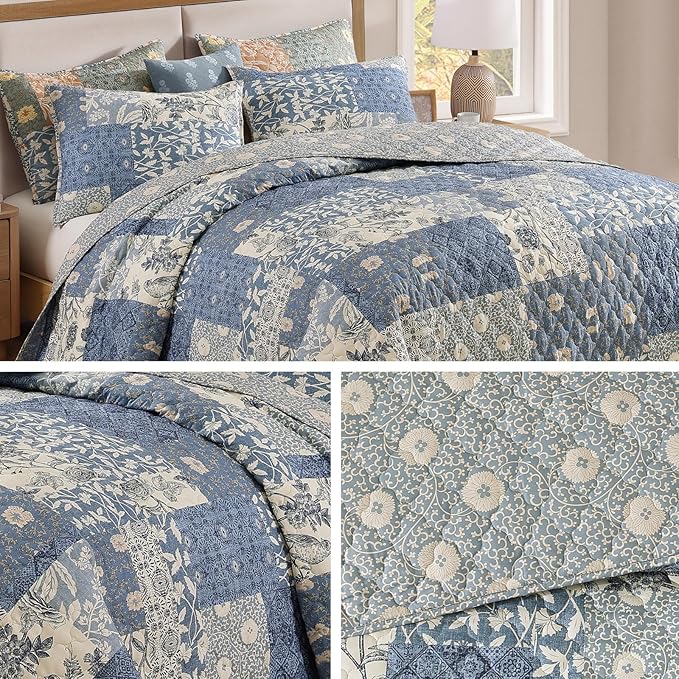 CASAAGUSTO Queen Quilt Set - 3 Pieces Patchwork Blue Quilt Bedding Set, Lightweight Queen Bedspread Coverlet, Reversible Floral Bed Cover for All Seasons (90"x94", 1 Quilt + 2 Pillow Shams)