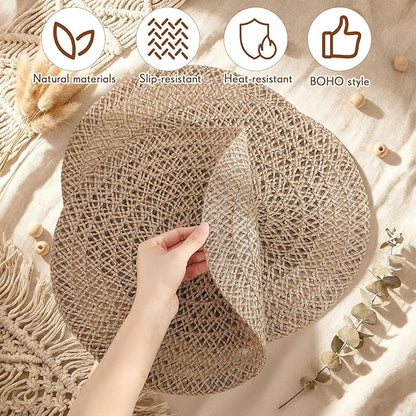 12 Pcs Jute Placemats Boho Braided Woven Table Mats for Dining Table Farmhouse Coasters for Thanksgiving Christmas Party Wedding Events(Classic,12 Inches)