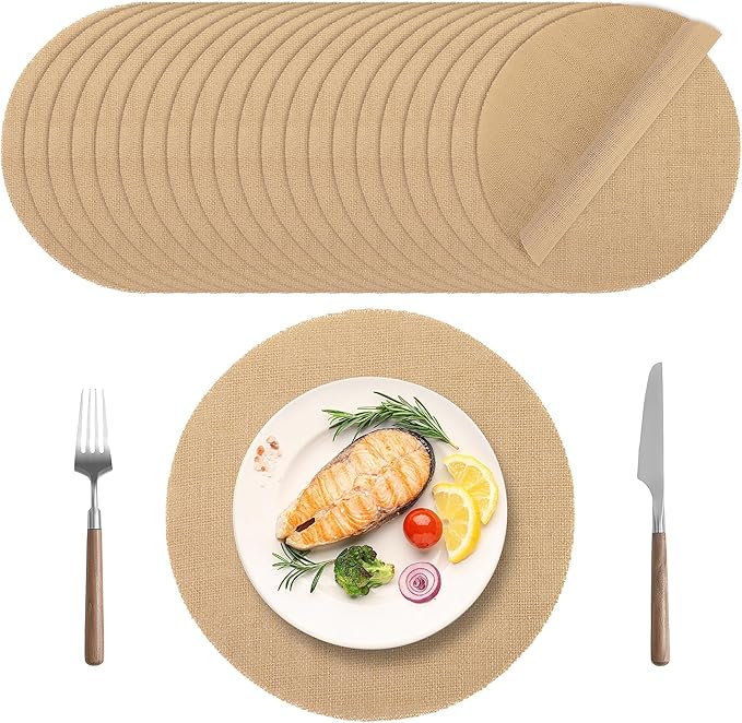 Kochorie 25 Pieces Burlap Placemats 11.8 Inch Round Reusable Brown Table Mats Natural Jute Fibers Placemats Bulk Circle Rustic Table Decorations for Dining Wedding Holiday Farmhouse Supplies