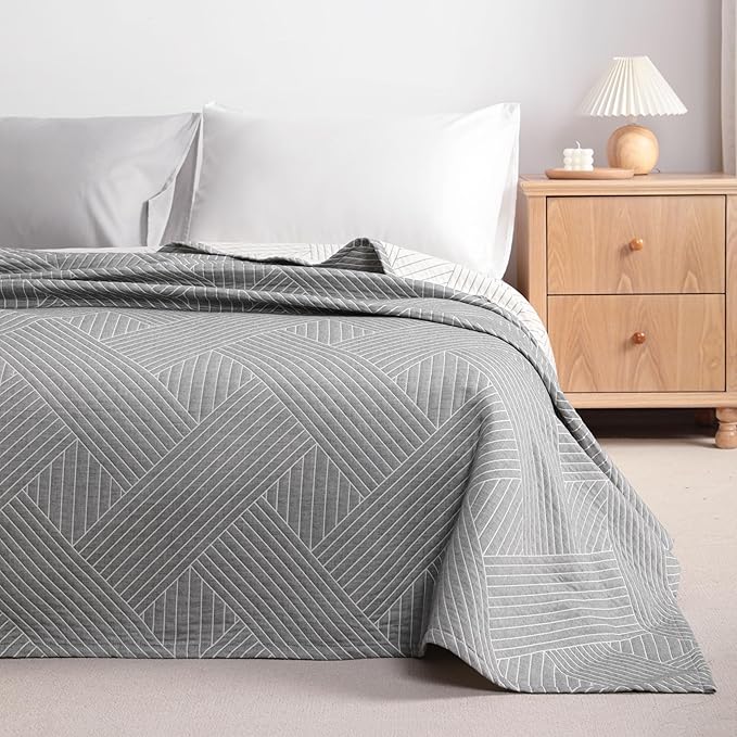 NTBAY 3 Layers Cotton Muslin 68x92 Twin Bed Blanket, Super Soft Breathable Thermal Yarn Dyed Quilt for Adults, Perfect Lightweight Blanket for Couch Sofa Bed All Seasons, Grey Volleyball