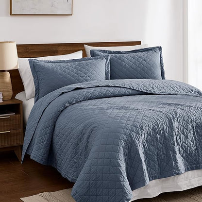 WDCOZY 100% Pre-Washed Cotton Queen Size Quilt Set - Dusty Blue Ruffle Box Soft Lightweight Bedspread, Textured Like Linen, Farmhouse Country Rustic Coverlet, Shabby Chic Gauze Bedding, 3 Pieces