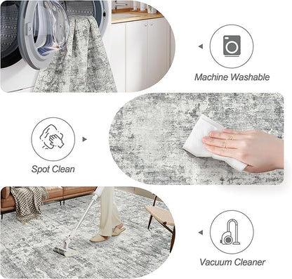 6x9 Abstract Area Rugs for Living Room 6 x 9 Washable Non Slip Low Pile Gray Rugs for Bedroom Dining Room Foldable Thin Gray White