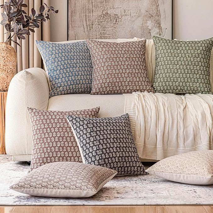 Foindtower Set of 2 Decorative Vintage Floral Print Throw Pillow Covers Neutral Modern Farmhouse Cushion Covers Boho Home Decor for Sofa Couch Chair Bedroom Living Room,24×24 Inch,Sage Green