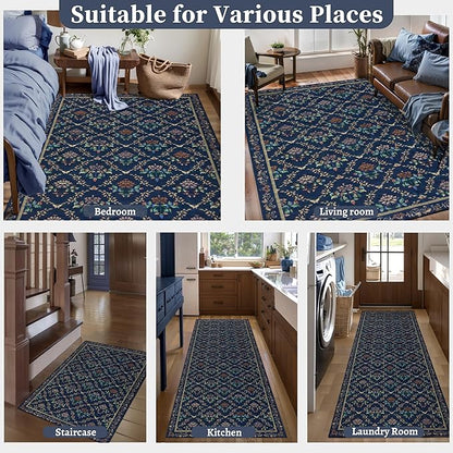 Tangsoo 2x6 Washable Runner Rug for Hallways, Non Slip Blue Floral Carpet Runner, Soft Low Pile Floor Carpet Runner for Kitchen, Laundry, Bedroom, Bathroom, Living Room Home Decor