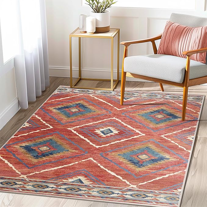 Area Rug 4x4 Rug Machine Washable Non-Slip Low Pile Print Pattern Western Rug for Living Room Bedroom Entryway Tribal Series -Red/Orange