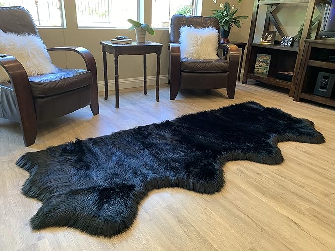 LAMBZY Faux Sheepskin Super Soft Hypoallergenic Silky Shag Rug for Living Room, Kids Room, Sofa (Quarto 4 Pelts Side by Side 3'x8', Black)