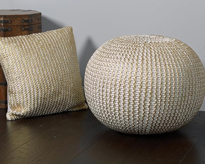 LR Home Gold/Beige Cableknit All-Natural Cotton Round Ottoman for Home Décor | Hand-Made Farmhouse Foot Rest for Bedroom & Living Room | 20 x 20 x 16 Stuffed Pouf for Seating