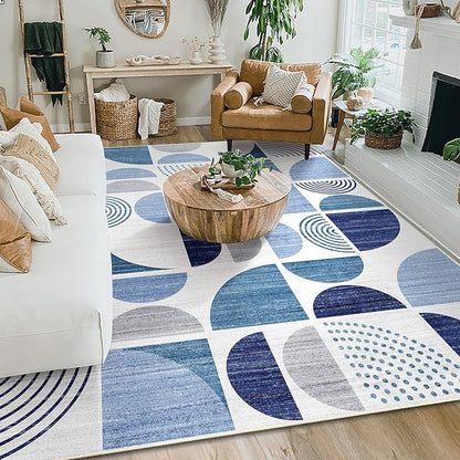 MUJOO Washable Rug 8x10 Blue,Large Area Rugs for Living Room Bedroom Dining Room,Boho Throw Floor Carpet Non Slip Soft Modern Abstract Navy Blue