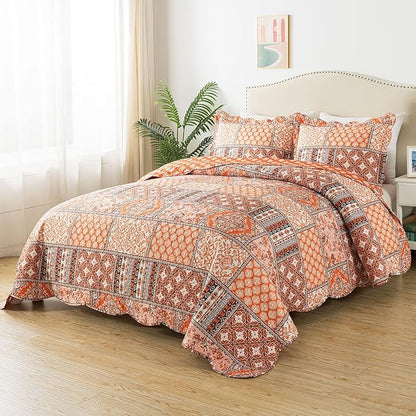 HoneiLife Vintage Quilt Sets Queen - 3 Pieces Microfiber Quilt Sets Lightweight Bedspreads Floral Coverlets Retro Bed Cover All Season Quilts-Pumpkin