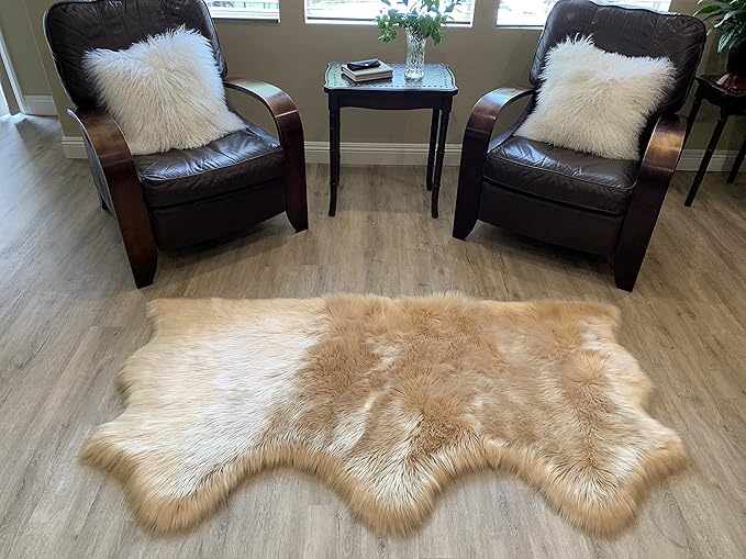 LAMBZY Faux Sheepskin Super Soft Hypoallergenic Silky Shag Rug for Living Room, Kids Room, Sofa (Triple Side by Side 3'x6', Beige)