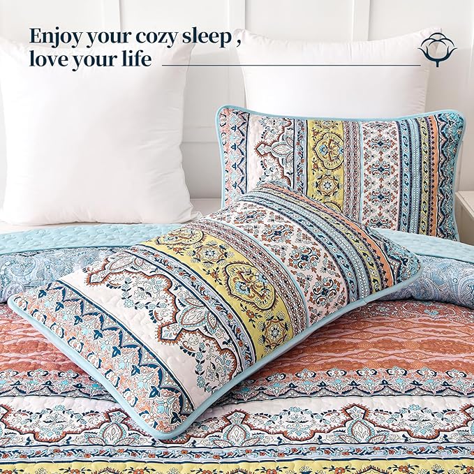 WONGS BEDDING Boho Queen Quilt Set, Pink and Blue Bohemian Quilt Bedding Set, Lightweight Bed Decor Bedspread for All Season Reversible Microfiber Coverlet Bedding Set 96"x90"(3 Pieces)