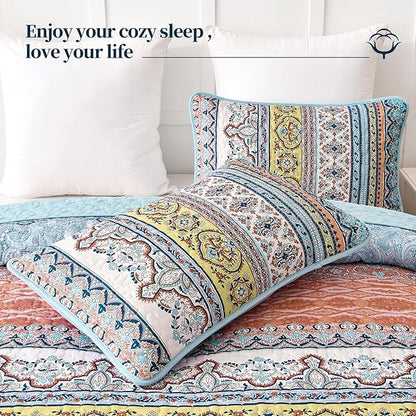 WONGS BEDDING Boho Queen Quilt Set, Pink and Blue Bohemian Quilt Bedding Set, Lightweight Bed Decor Bedspread for All Season Reversible Microfiber Coverlet Bedding Set 96"x90"(3 Pieces)