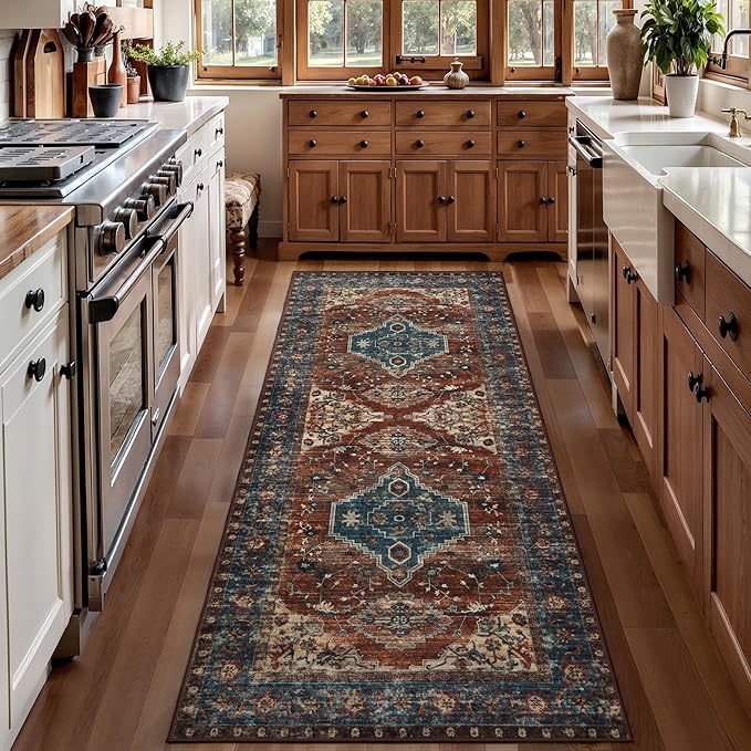 Tangsoo 2x5 Washable Runner Rug for Hallways, Non Slip Vintage Runner Rug, Soft Low Pile Long Rug Runner, Print Distressed Carpet Runners for Kitchen Bedroom Entryway Bathroom Living Room Rust