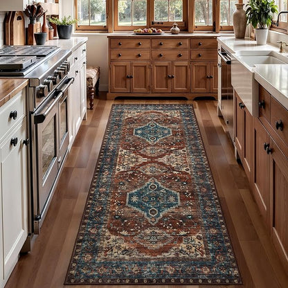 Tangsoo Oriental 2x6 Washable Runner Rug for Hallways, Non Slip Vintage Runner Rug, Soft Low Pile Long Rug Runner, Print Carpet Runners for Kitchen Bedroom Entryway Bathroom Living Room Rust