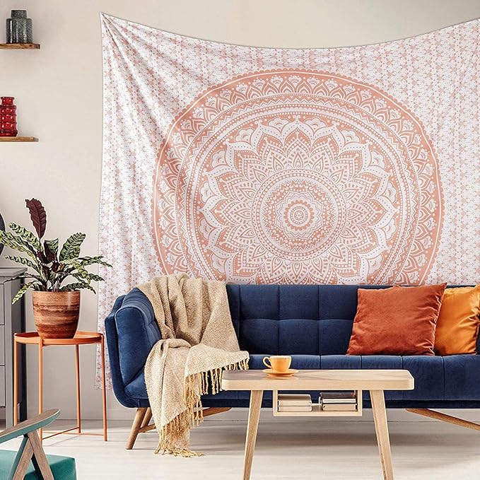 raajsee Rose Gold Ombre Tapestry Wall Hanging Mandala-Bohemian Room Decor-Indian Cotton Throw Hippie Tapestries -Boho Bedding Queen Bedspread 82x92 Inches