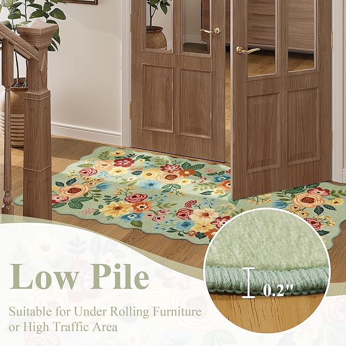 DUKINO 3x5 Area Rug, Floral Non-Slip Indoor Washable Rug with Low Pile & Non-Shedding, Lightwight Boho Design Carpet for Entryway, Bedroom, Kids Room, Living Room, Kitchen, Green