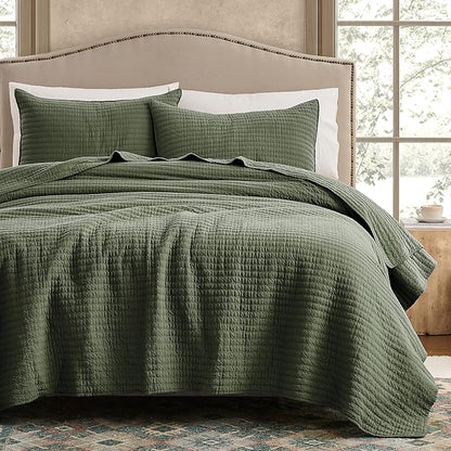 WDCOZY 100% Cotton Oversized King Size Quilt Set - Olive Green California Cal King Striped Pick Stitch Soft Lightweight Bedspread, Textured Like Linen, Farmhouse Country Rustic Coverlet, 3 Pieces