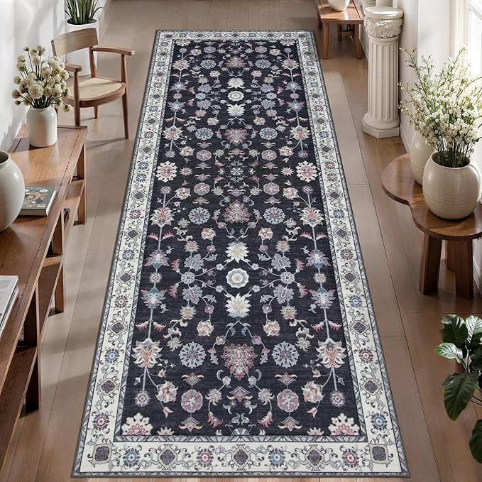 Tangsoo Washable Runner Rug for Hallway Non Slip, 2.6x8 Boho Floral Vintage Carpet Runner Rugs for Entryway, Floor Low Pile Runners for Kitchen Bathroom Laundry Bedroom Alfombra Black Red Farmhouse