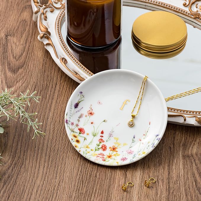 Crisky Initial Jewelry Tray Ring Dish & Gift Box, Ceramic Flower Trinket Dish for Rings Earrings Necklaces Keys, Bridal Shower Engagement Birthday Gift for Women, Friends 4.57" (Gold Foil F