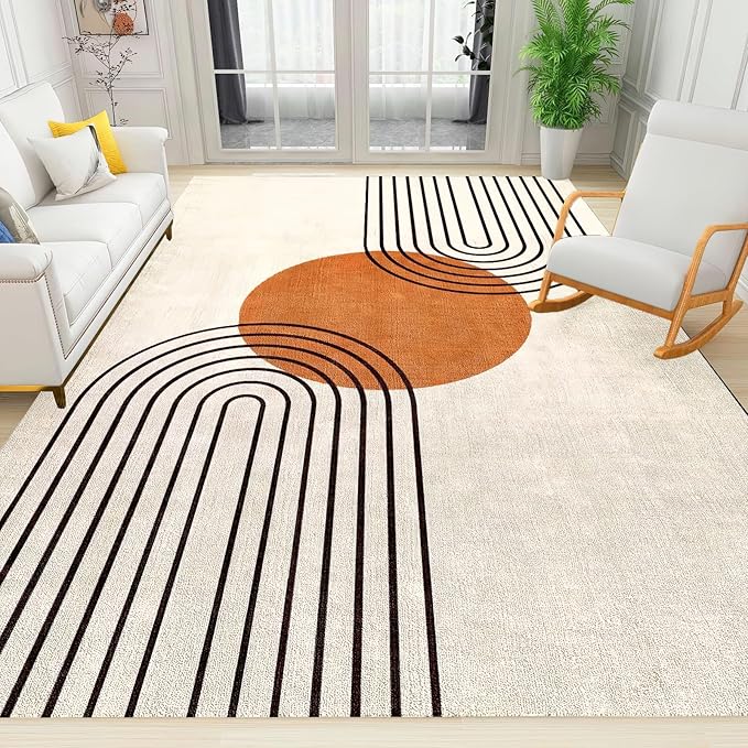 Mid Century Modern Abstract Art Area Rug, Boho Minimalist Line Non Slip Stain Resistant Print Rugs, Soft Machine Washable Carpet for Indoor Bedroom Living Room Office Decor Rug - 3 ft x 5 ft