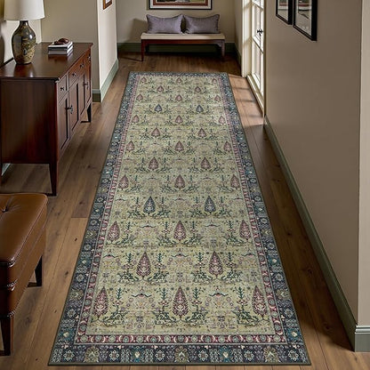 Tangsoo 2x6 Washable Runner Rug for Hallways, Non Slip Vintage Boho Purple Floral Rug for Entryway Kitchen Laundry, Non Slip Soft Low Pile Indoor Rug for Bedroom Bathroom Beside