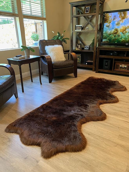LAMBZY Faux Sheepskin Super Soft Hypoallergenic Silky Shag Rug for Living Room, Kids Room, Sofa (Quarto 4 Pelts Side by Side 3'x8', Brown)
