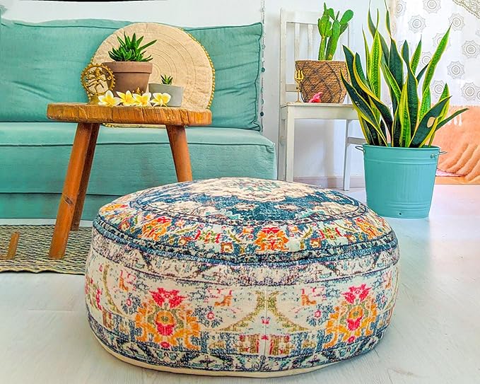 Moroccan Floor Pillow Cover Blue Round Floor Cushion Boho Room Décor Moroccan Seating Area Perfect Pouf Ottoman for Living Room, Bedroom, Nursary or Children Room Cotton 24x8 Unstuffed