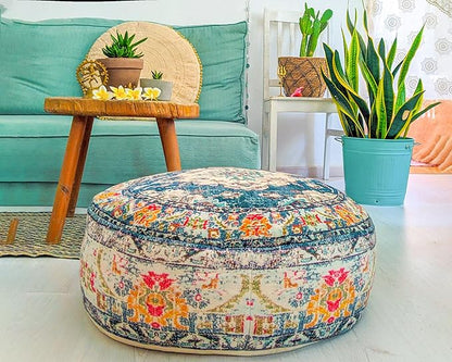 Moroccan Floor Pillow Cover Blue Round Floor Cushion Boho Room Décor Moroccan Seating Area Perfect Pouf Ottoman for Living Room, Bedroom, Nursary or Children Room Cotton 24x8 Unstuffed
