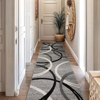 Rugshop Wavy Circles Design Runner Rug, Non-Shedding Carpet for Hallway, Kitchen, or Entryway, Gray, 2'7" x 12'