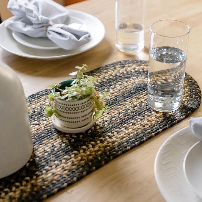 Homespice Kilimanjaro Braided Oval Table Runner, Warm Primitive Decor, Black and Brown 11x36 - Jute Dining Table Accessories - Rich Colors, Easy to Clean, Durable and Protects Furniture
