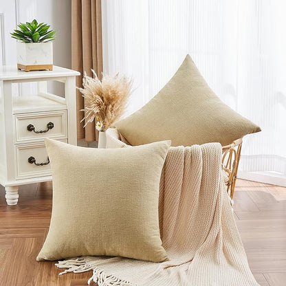 GAWAMAY Decorative Chenille Throw Pillow Covers 24x24 Inch Pack of 2, Soft Square Couch Pillow Cover for Sofa Cushion Living Room Bedroom Solid Dyed Pillowcases Khaki 60x60cm (ONLY Covers)