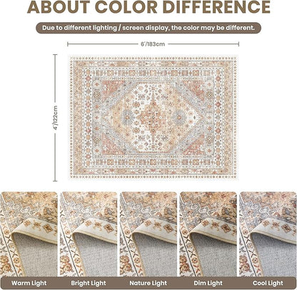 zesthome 4x6 Rug - Stain Resistant Washable Rug, Anti Slip Backing Rugs for Living Room, Foldable Vintage Small Area Rugs(Orange,4'x6')